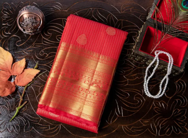 Sunset Coral Traditional Zari Kanchipattu Saree