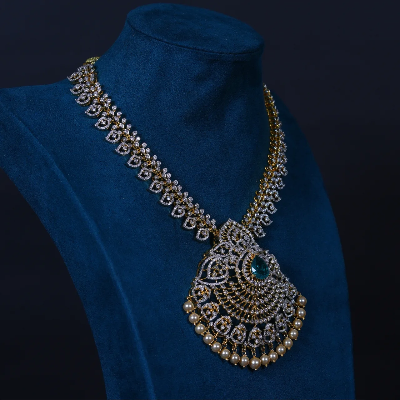 Emerald Mango American Diamond Necklace with Earrings in 92.5 Sterling Silver