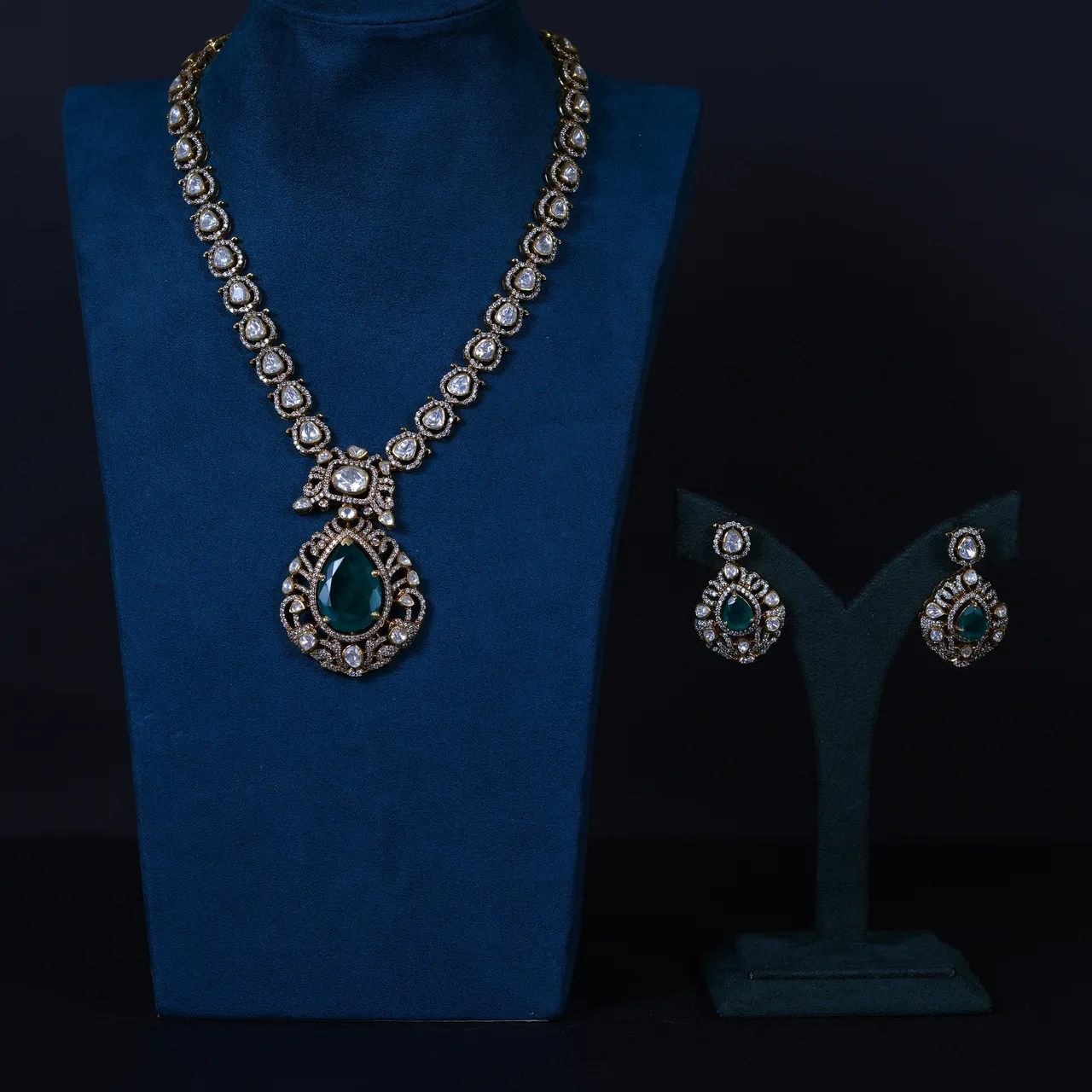 Emerald Polki Necklace with Earrings in 92.5 Silver