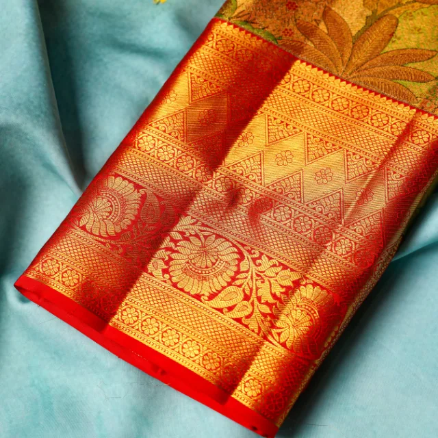 Tropical Verdure Gold & Crimson, Enchanted Forest Multi-Tone Kanjeevaram Handloom Pattu Silk Saree.