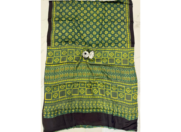 EVWAAH Olive Emerald Geometric Ajrakh Saree