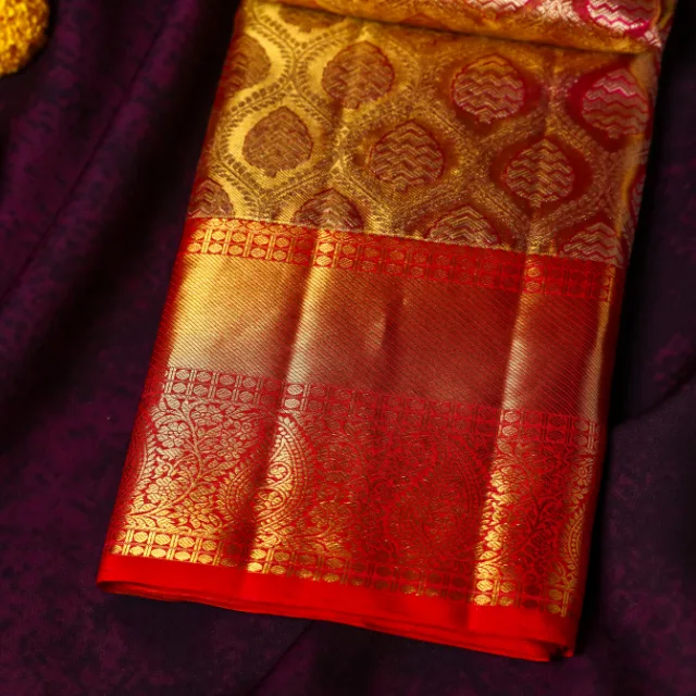 Royal Rose-Gold & Crimson Kanchipuram Silk Saree.