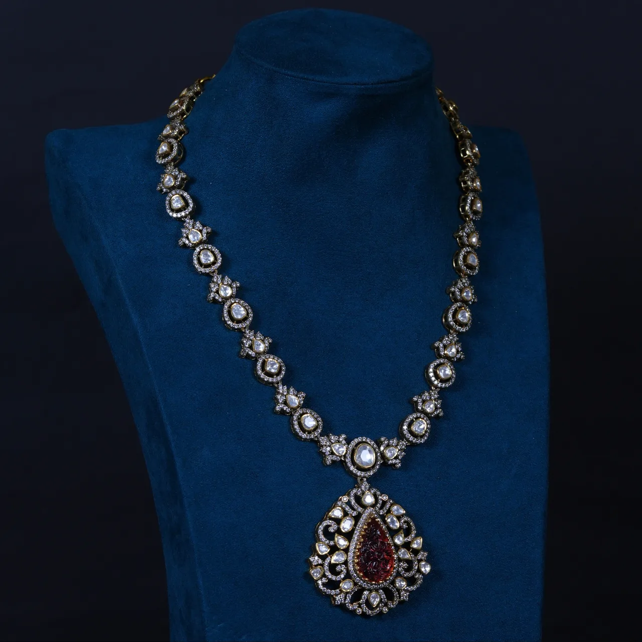Real Polki & Carved Ruby Necklace & earrings in 92.5 Silver