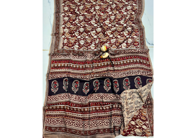 EVWAAH Crimson Earth Imperial Ajrakh Silk Saree