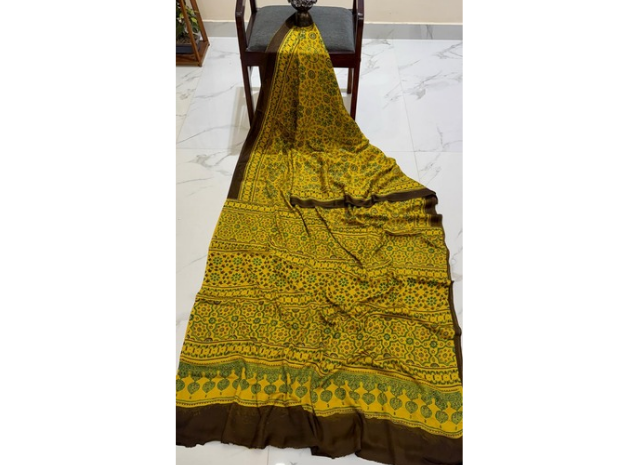 EVWAAH Mustard Olive Mandala Ajrakh Saree