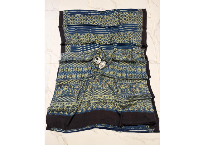 EVWAAH Prussian Citron Medallion Ajrakh Saree