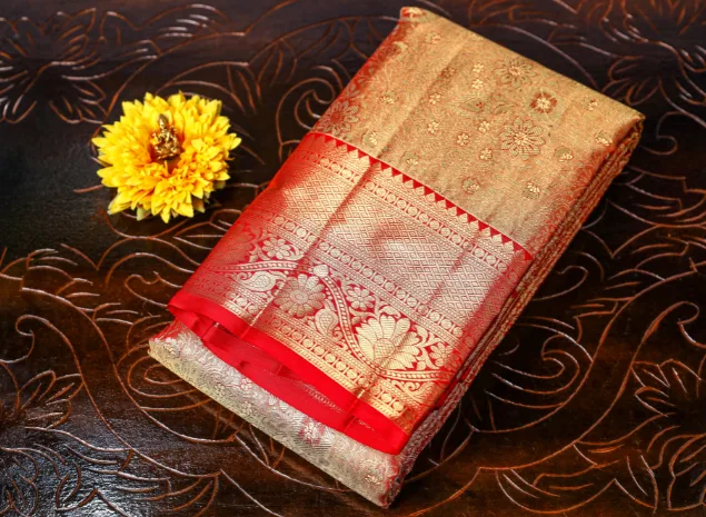 Peach Orange Floral Zari Handloom Silk saree