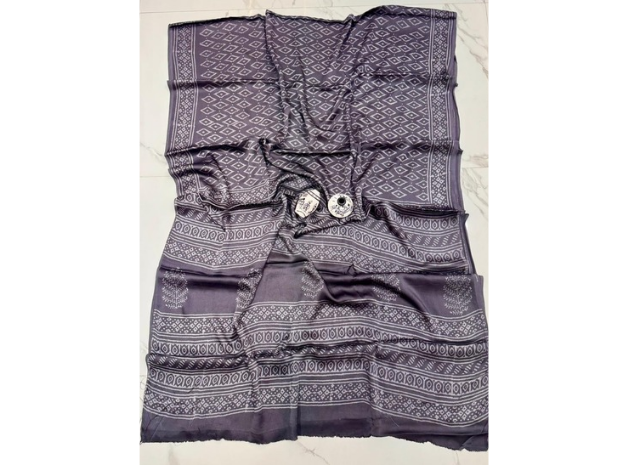 EVWAAH Charcoal Amethyst Diamond Ajrakh Saree
