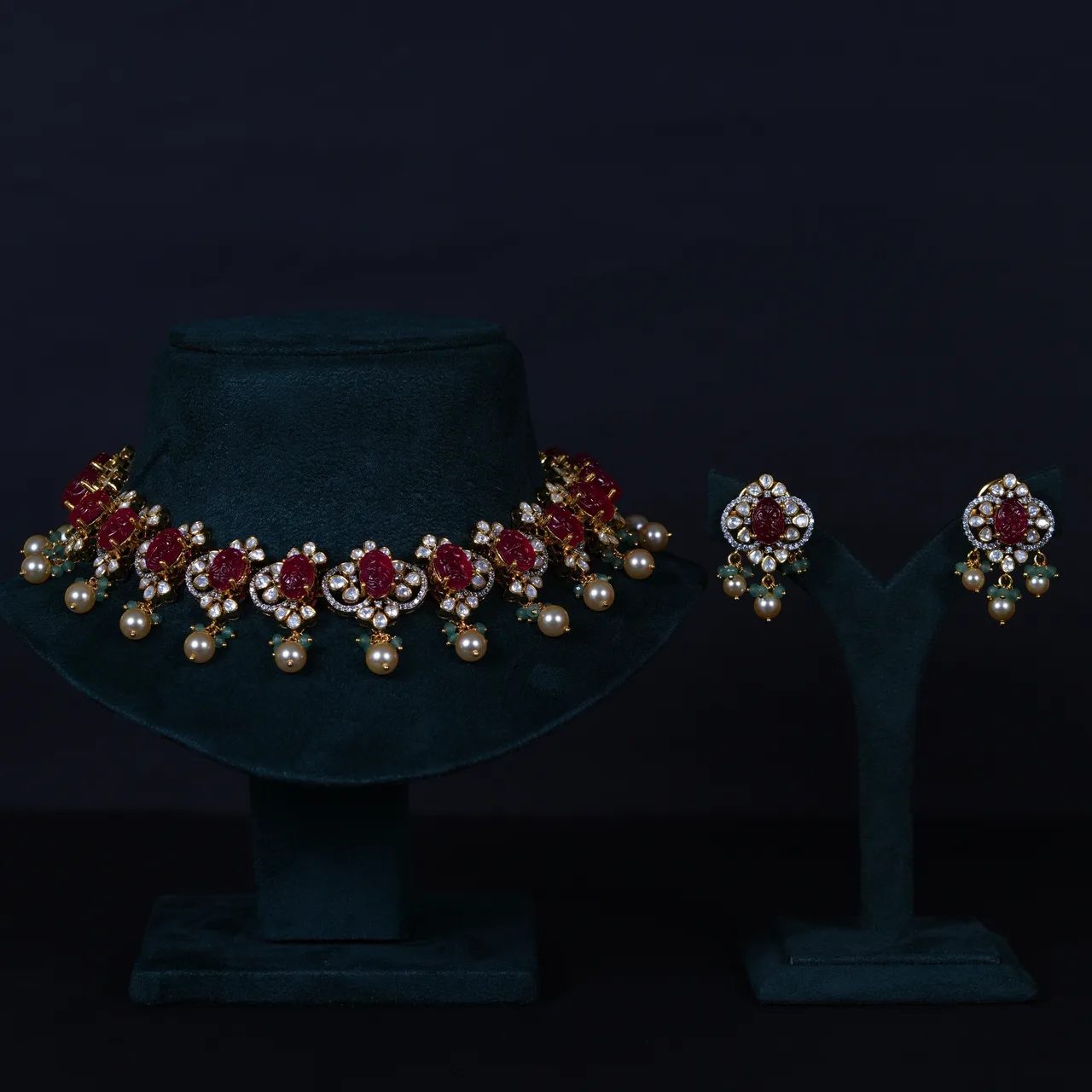 Royal Carved Ruby Necklace & earrings with Moissanite in 92.5 Sterling Silver