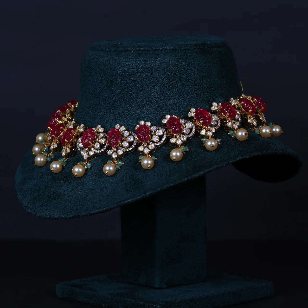 Royal Carved Ruby Necklace & earrings with Moissanite in 92.5 Sterling Silver