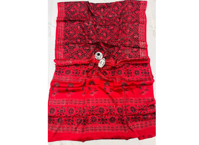 EVWAAH Crimson Heritage Ajrakh Silk Saree