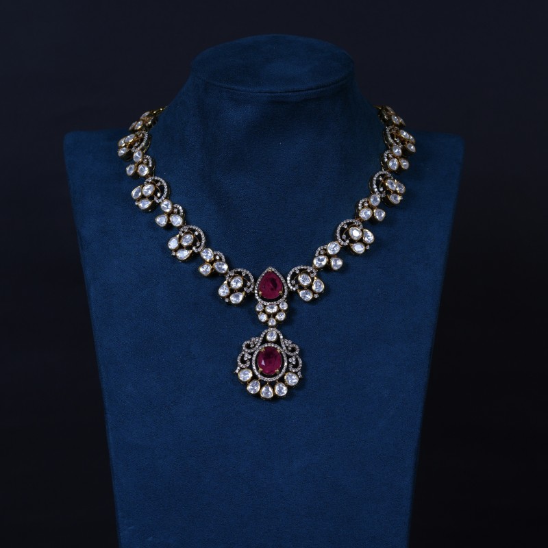 Elegant Polki Ruby Necklace with Earings in 92.5 Silver