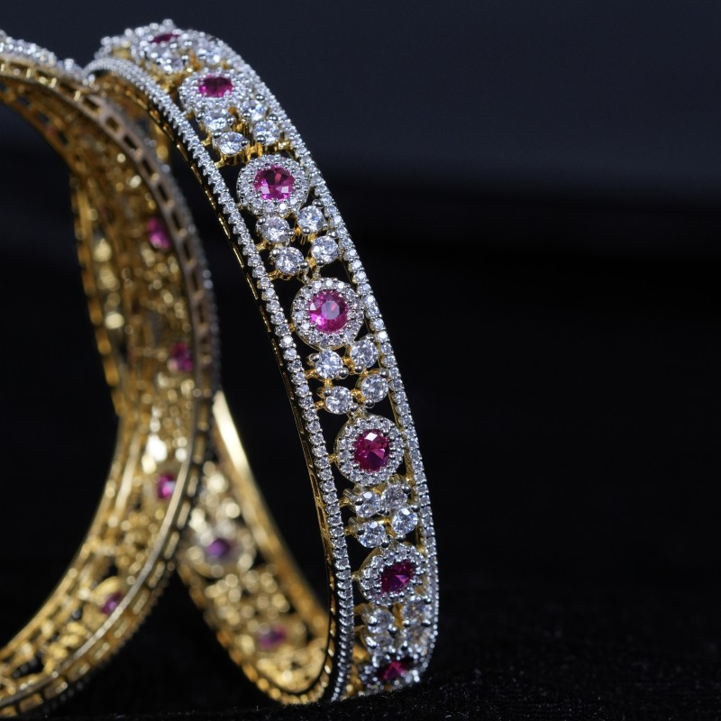 Ruby Halo Diamond Bangles in 92.5 Sterling Silver