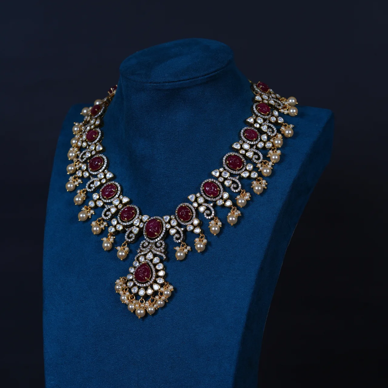 Royal Ruby Carved Polki Necklace Set – 92.5 Sterling Silver