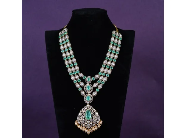 Emerald Cascade Kundan Statement Haram in 92.5 stelimg silver
