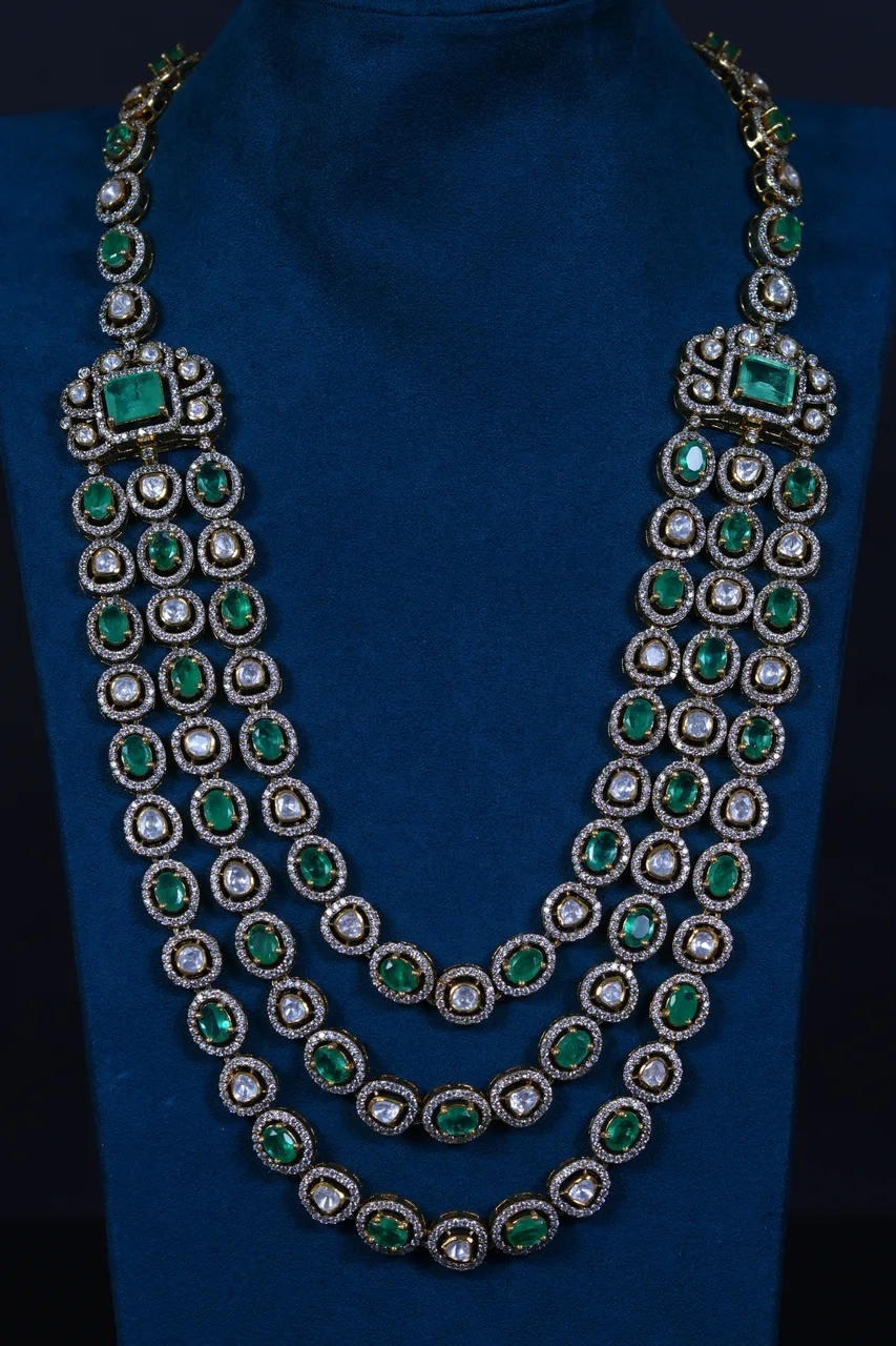 Victorian 3-Layered Emerald Polki Haram Set in 92.5 Sterling Silver