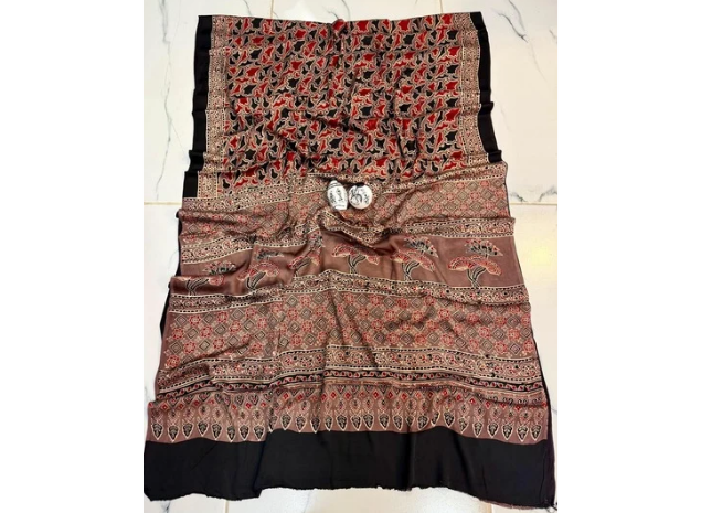EVWAAH Crimson Cocoa Abstract Ajrakh Saree
