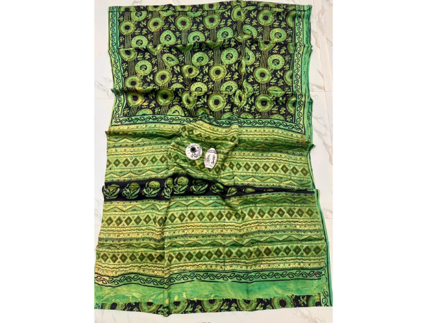 EVWAAH Olive Chartreuse Abstract Ajrakh Saree