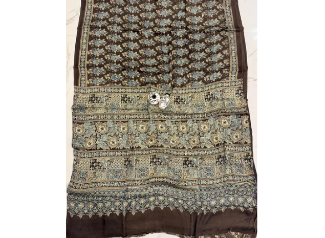 EVWAAH Cocoa Cerulean Blossom Ajrakh Saree
