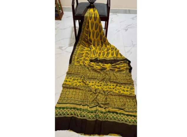 EVWAAH Mustard Olive Kalka Ajrakh Saree