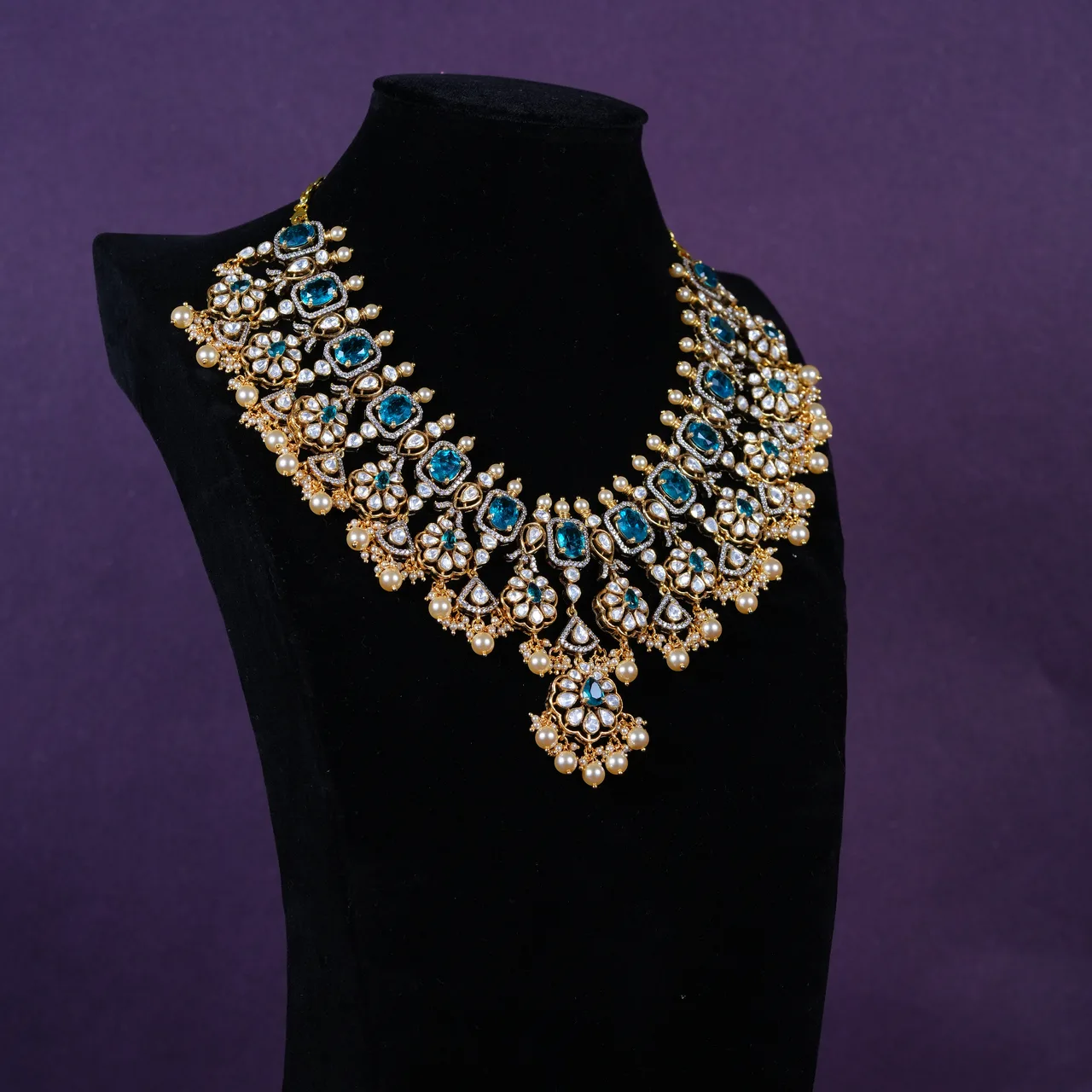 Royal Azure Polki Pearl Bridal Statement Necklace in 92.5 stelimg silver