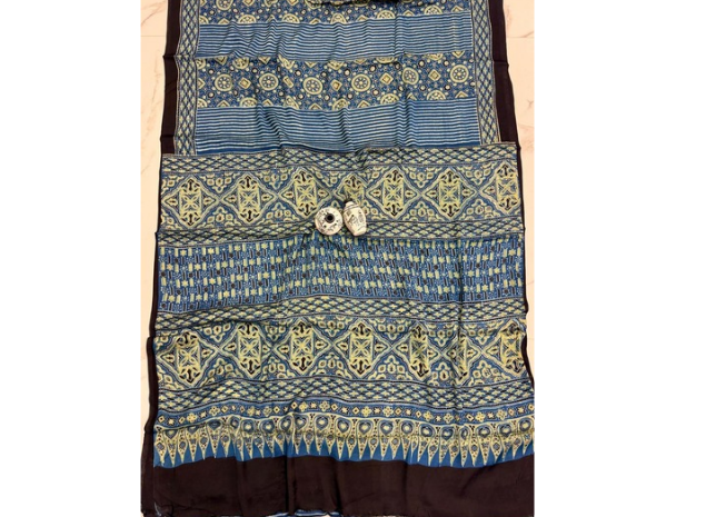 EVWAAH Sapphire Sage Architectural Ajrakh Saree