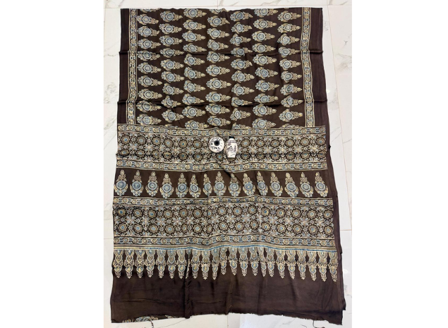 EVWAAH Mocha Imperial Medallion Ajrakh Saree