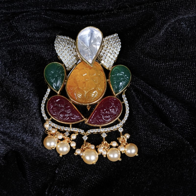 Carved Ganesha Pendant with Moissanites