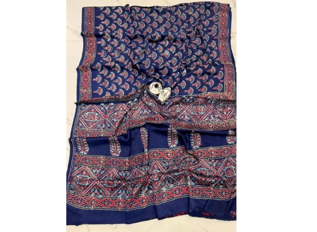 EVWAAH Royal Indigo Scallop Ajrakh Saree
