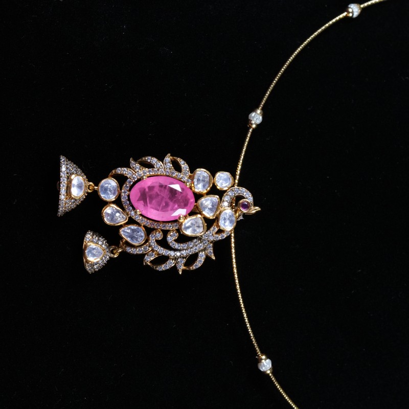 Pink American Diamond Peacock Drop Pendant Set