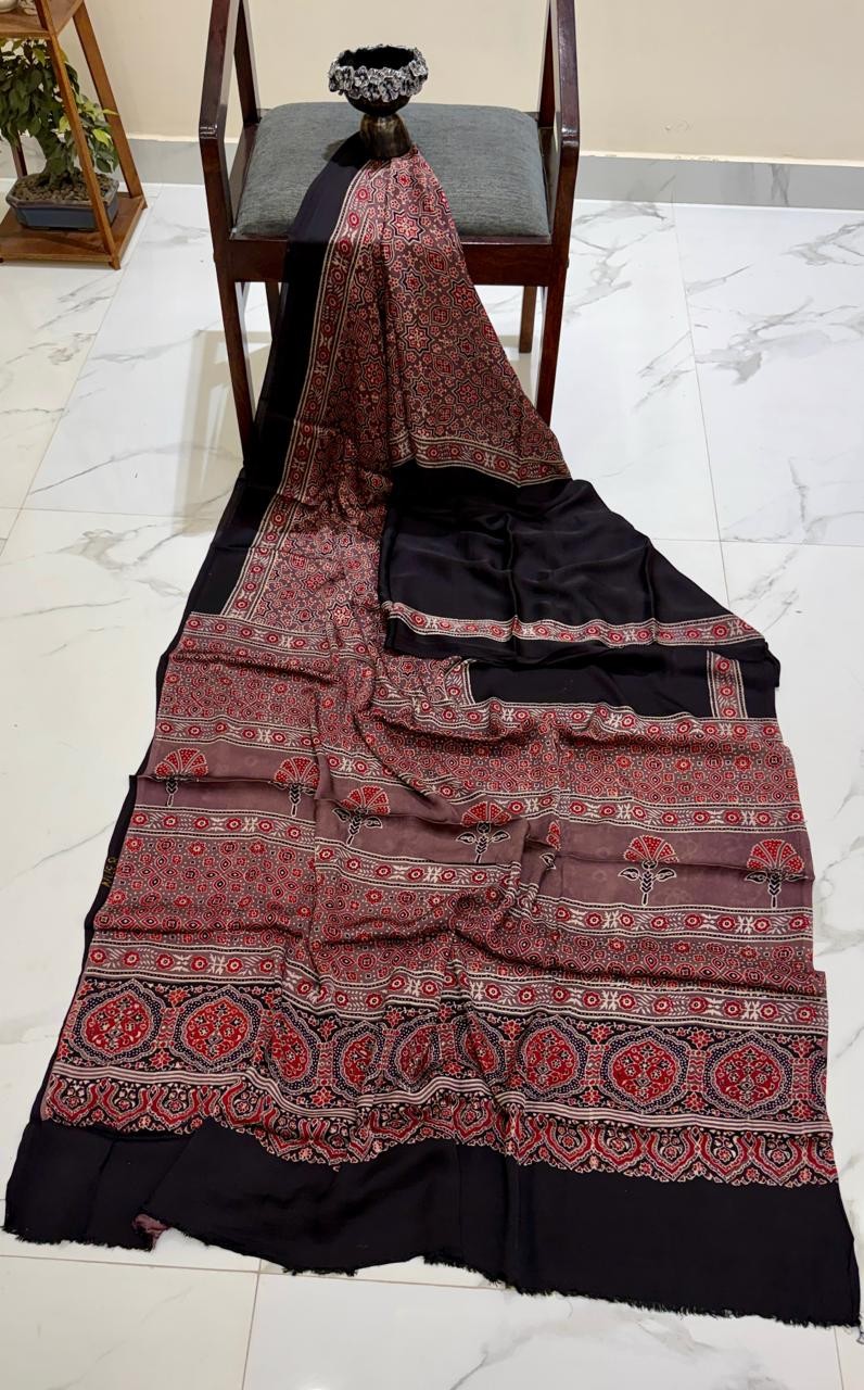 EVWAAH Royal Noir Ajrakh Silk Saree