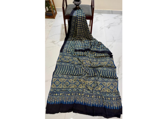 EVWAAH Prussian Ochre Starburst Ajrakh Saree