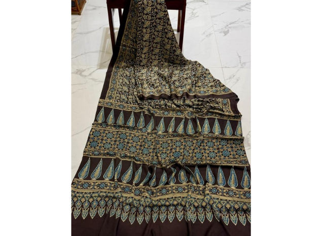 EVWAAH Cocoa Teal Kalka Ajrakh Saree