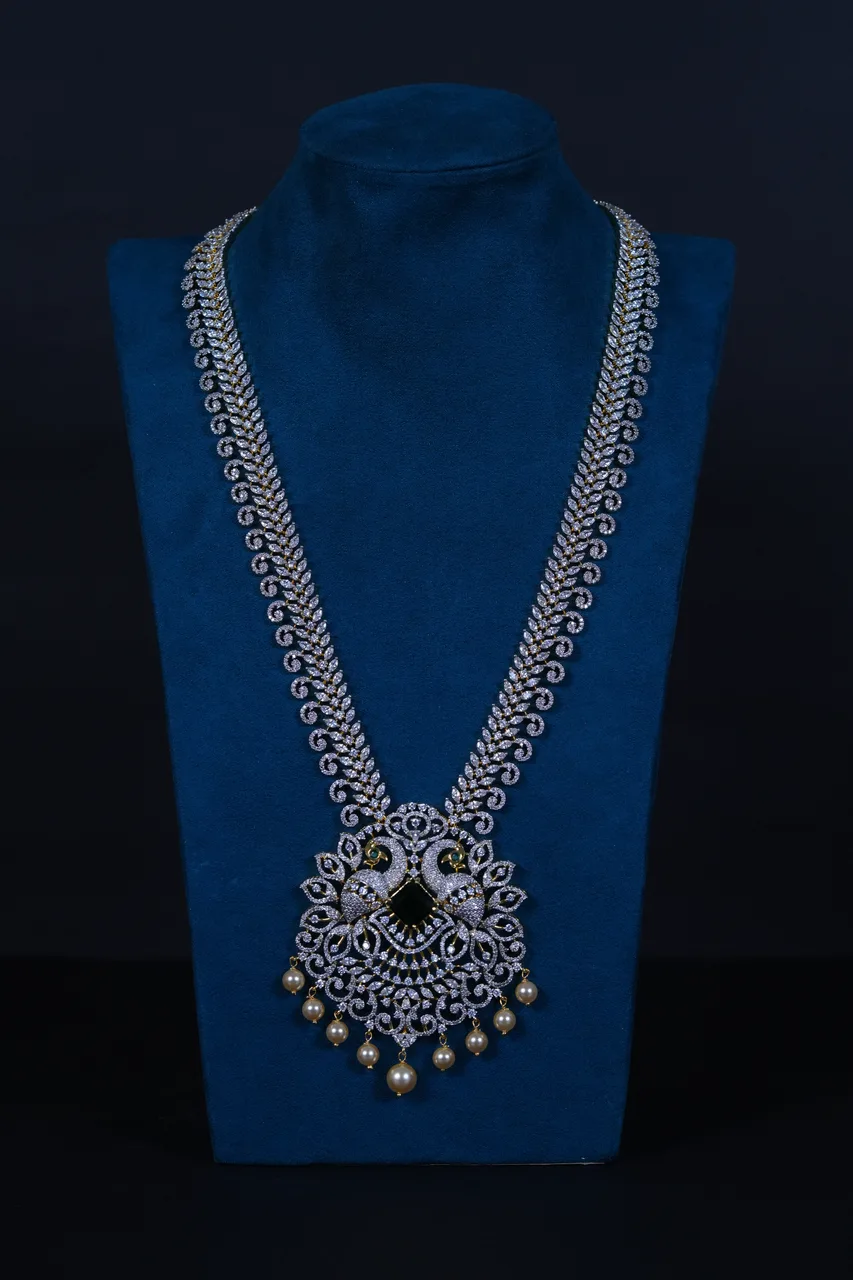 Royal Peacock American Diamond Long Haram in 92.5 Sterling Silver