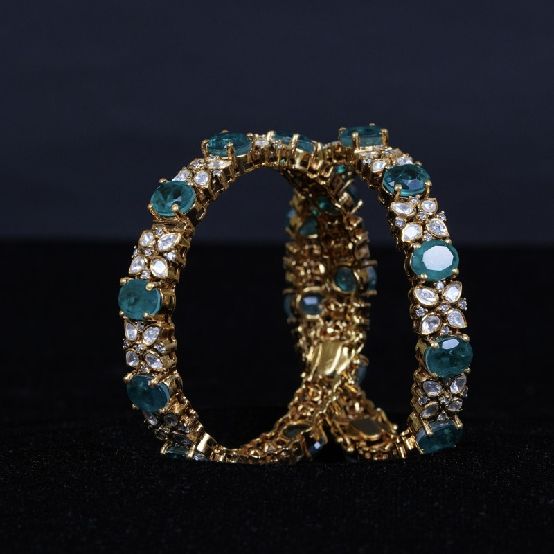 92.5 Sterling Silver Emerald  Kundan Openable Kada Bangles