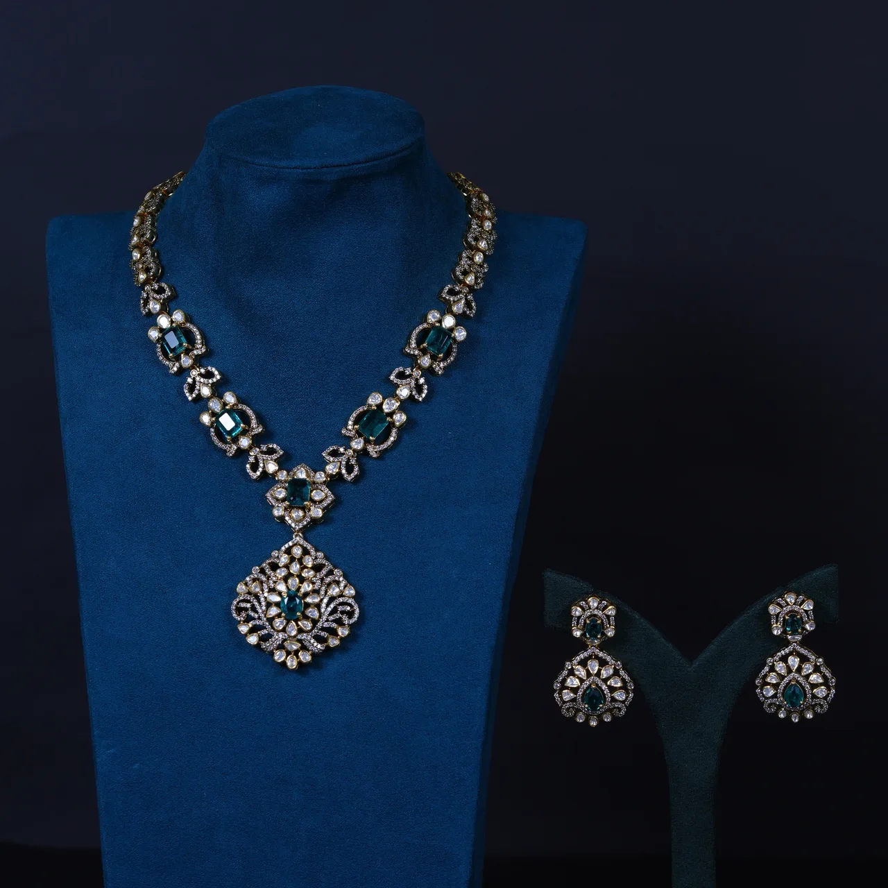 Elegant Emerald Moissanite Necklace & Earrings in 92.5 Silver