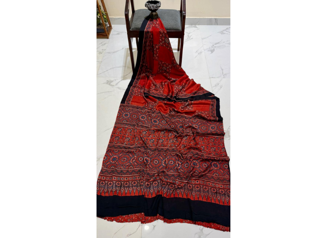 EVWAAH Crimson Sovereignty Ajrakh Silk Saree