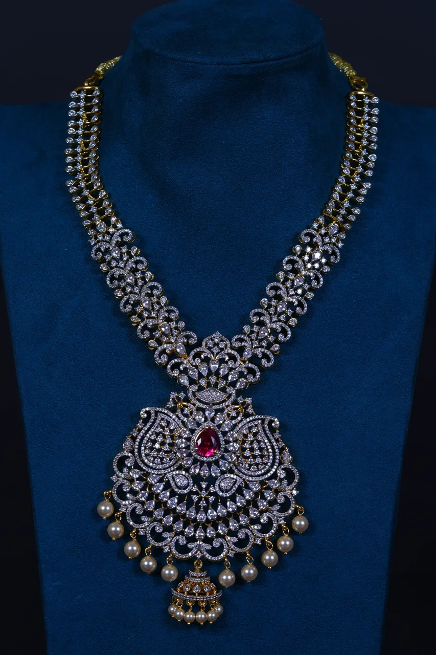 Royal Emerald Diamond-Replica Long Haram in 92.5 Sterling Silver with Jhumka-Style Earrings