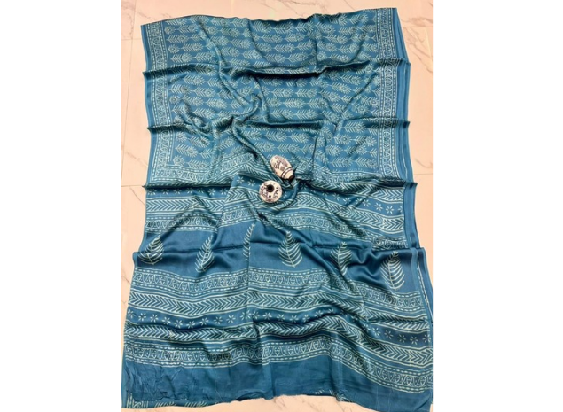 EVWAAH Ocean Cerulean Pinecone Ajrakh Saree