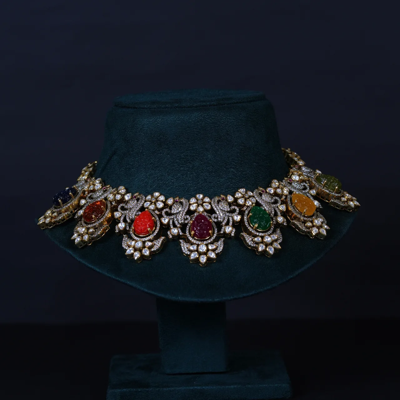 Royal Carved Navaratna Polki Necklace & earrings with Moissanite in 92.5 Sterling Silver