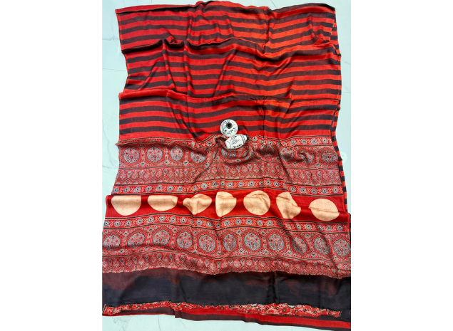 EVWAAH Scarlet Eclipse Ajrakh Silk Saree