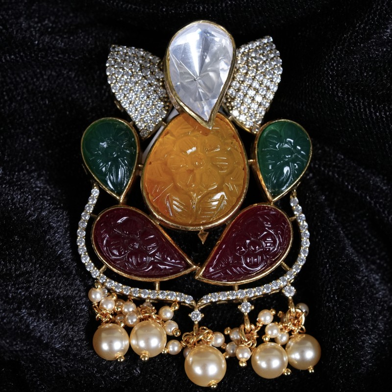 Carved Ganesha Pendant with Moissanites