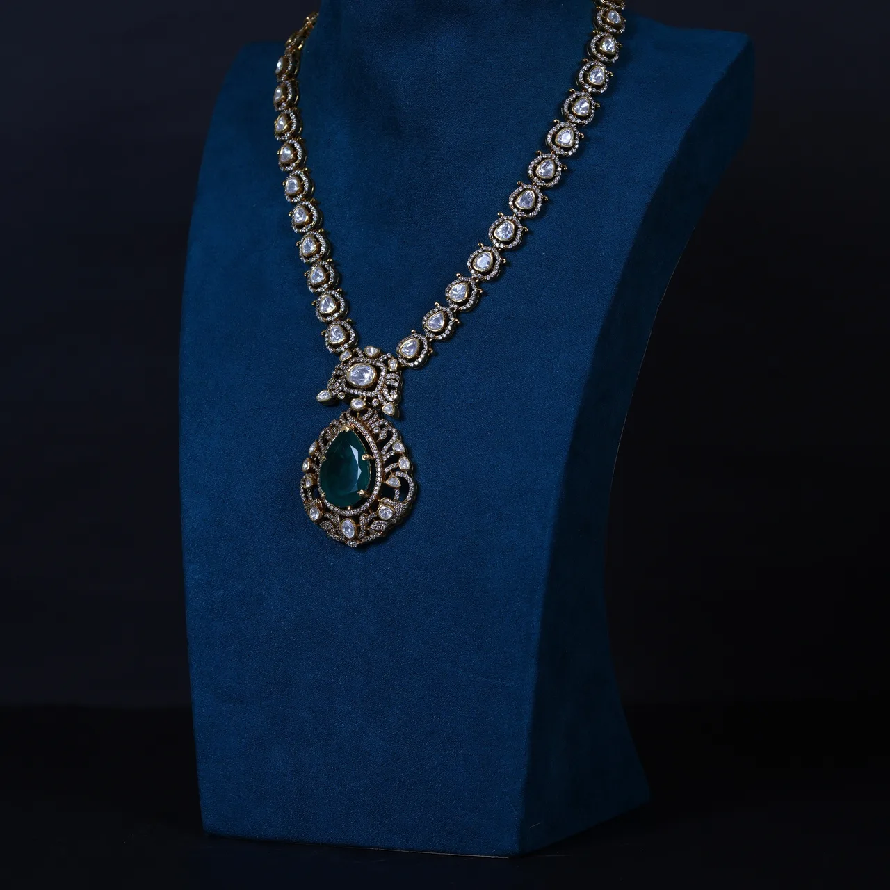 Emerald Polki Necklace with Earrings in 92.5 Silver