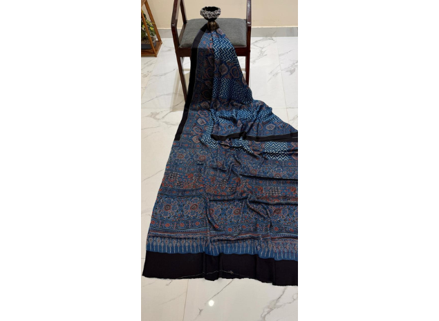 EVWAAH Cobalt Sovereign Ajrakh Silk Saree