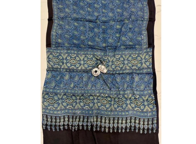 EVWAAH Prussian Sage Paisley Ajrakh Saree