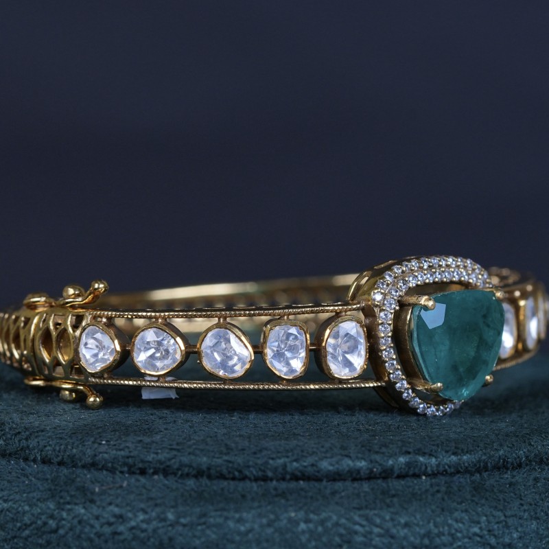 92.5 Sterling Silver Polki Emerald openable kada